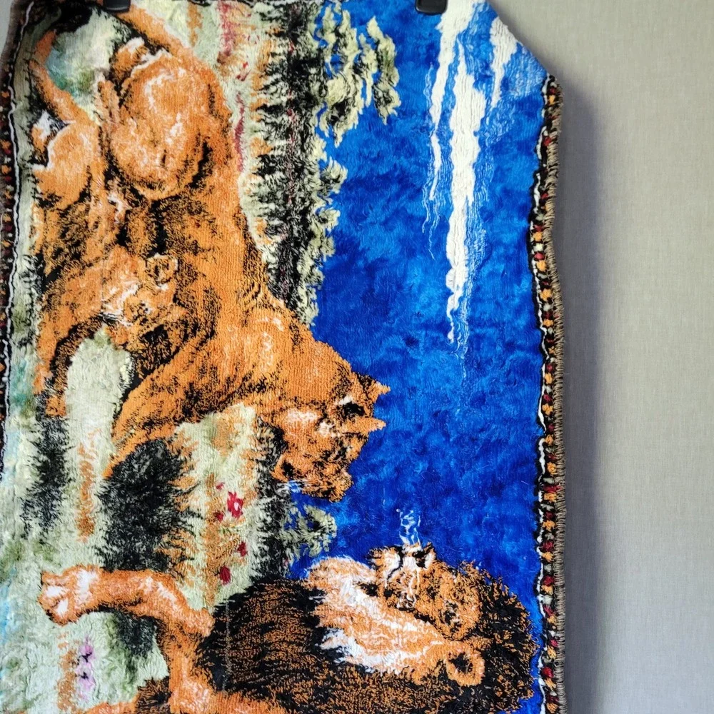 Vintage 1970s Woven Lion Tapestry Wall Hanging Retro Kitsch Boho Man Cave Decor